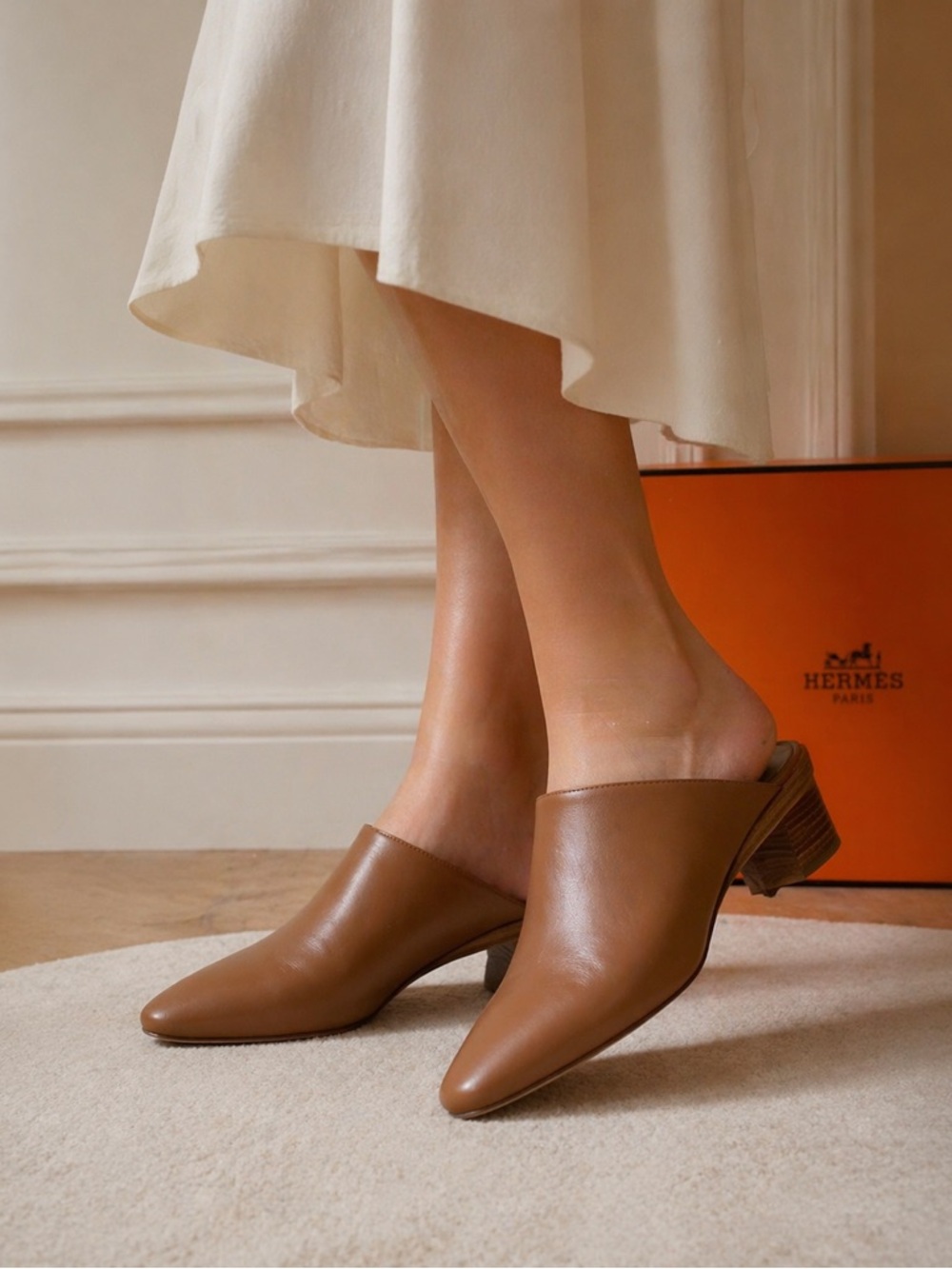 Hermes Tan Leather Slip-On Mule - Size 38 / 7.5